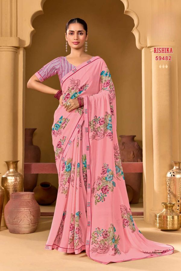 Rishika Blush Pink Georgette Saree with Multicolour Floral Print & Decorative Lace Border