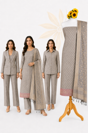 Dove Grey Buti | Premium 3-Piece Dress Material with Gold-Toned Motifs, Pink Woven Border & Floral Dupatta