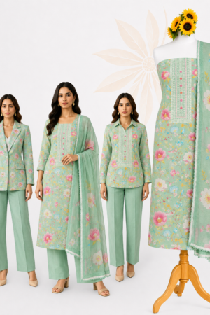 Mint Blossom | Premium 3-Piece Dress Material with Multicolour Floral Print, Decorative Neck Panel & Coordinated Dupatta