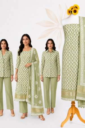 Sage Olive Geometric | Premium 3-Piece Dress Material with All-Over White Motifs, Gold Border & Coordinated Dupatta