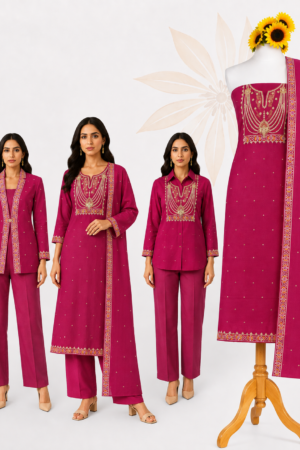 Rani Pink Royal | Premium 3-Piece Dress Material with Ornamental Neck Work, Gold Buti & Designer Border Dupatta