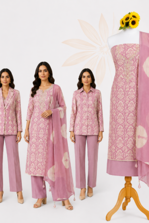 Dusty Rose Heritage | Premium 3-Piece Dress Material with Ivory Ethnic Print, Embellished Neckline & Tie-Dye Dupatta