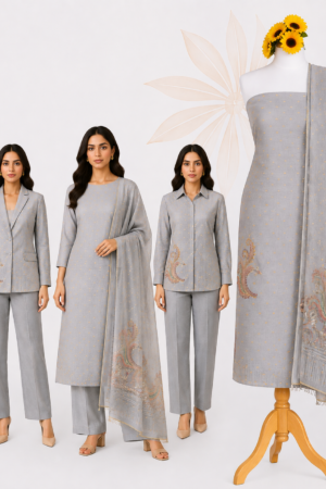Silver Grey 3-Piece Dress Material with Paisley Motif, Gold Buti Detailing & Coordinated Dupatta