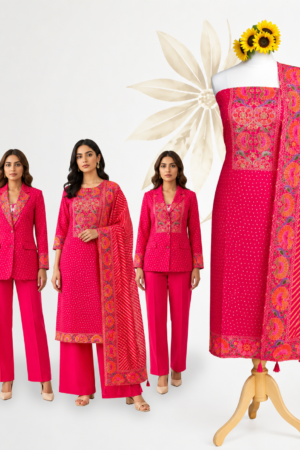 Gulnaar Rani Pink 3-Piece Unstitched Dress Material with Ornamental Yoke, Dotted Buti Work & Printed Dupatta
