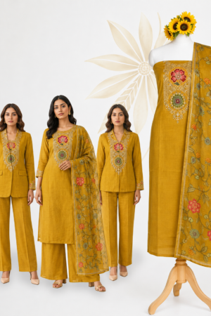 Mustard Gold 3-Piece Dress Material with Ornamental Floral Yoke & Botanical Printed Dupatta
