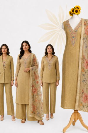 Golden Beige 3-Piece Dress Material with Embroidered V-Neck & Floral Printed Dupatta