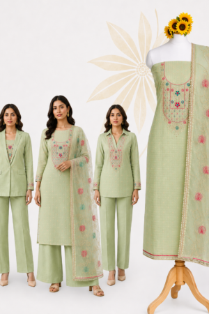 Mint Noor | Pastel Green 3-Piece Dress Material with Multicolour Floral Yoke & Embroidered Organza Dupatta