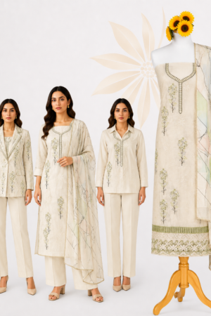 Ivory Cream Floral | Premium 3-Piece Dress Material with Delicate Floral Embroidery & Abstract Printed Dupatta