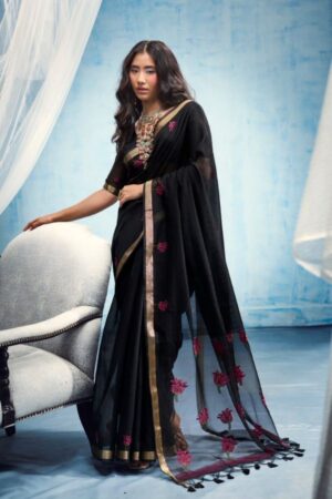 Handwork Gulab Black Munga Cotton Handloom Saree with Rose Embroidery & Gold Zari Border