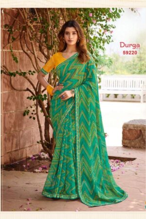 Durga Vol. 08 Teal Green Georgette Saree with Multicolour Zigzag Chevron Print & Decorative Lace Border