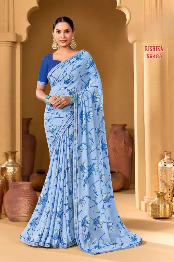 Rishika Blush Pink Georgette Saree with Multicolour Floral Print & Decorative Lace Border - Image 2