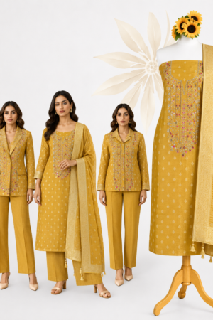 Sunehri Meher | Mustard Gold 3-Piece Dress Material with Multicolour Embroidered Yoke & Woven Border Dupatta