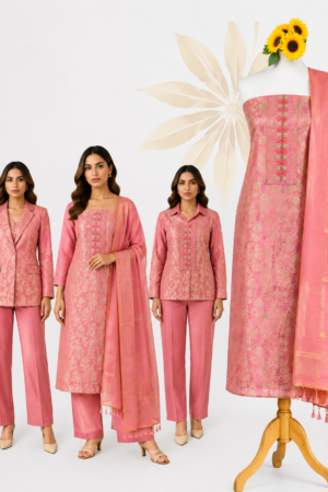 Gulabi Zari | Rose Pink 3-Piece Dress Material with Gold Woven Floral Motifs, Embellished Yoke & Tassel Dupatta