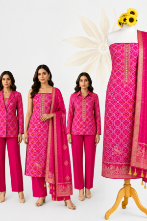 Rani Bandhej | Rani Pink 3-Piece Dress Material with Bandhani-Inspired Print, Gold Woven Border & Tassel Dupatta