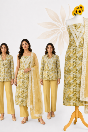 Sunlit Lily | Golden Yellow 3-Piece Dress Material with Floral Print, White Lace Neckline & Lace Border Dupatta