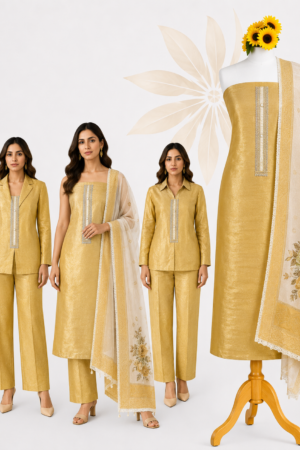 Golden Aura | Antique Gold 3-Piece Dress Material with Jacquard Texture, Embellished Front Panel & Floral Border Dupatta
