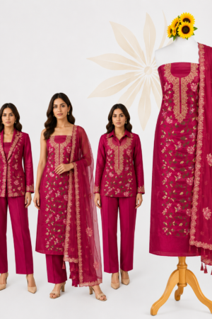 Gulnaar Jaal | Deep Rani Pink 3-Piece Dress Material with Floral Vine Work, Ornate Neckline & Embroidered Border Dupatta