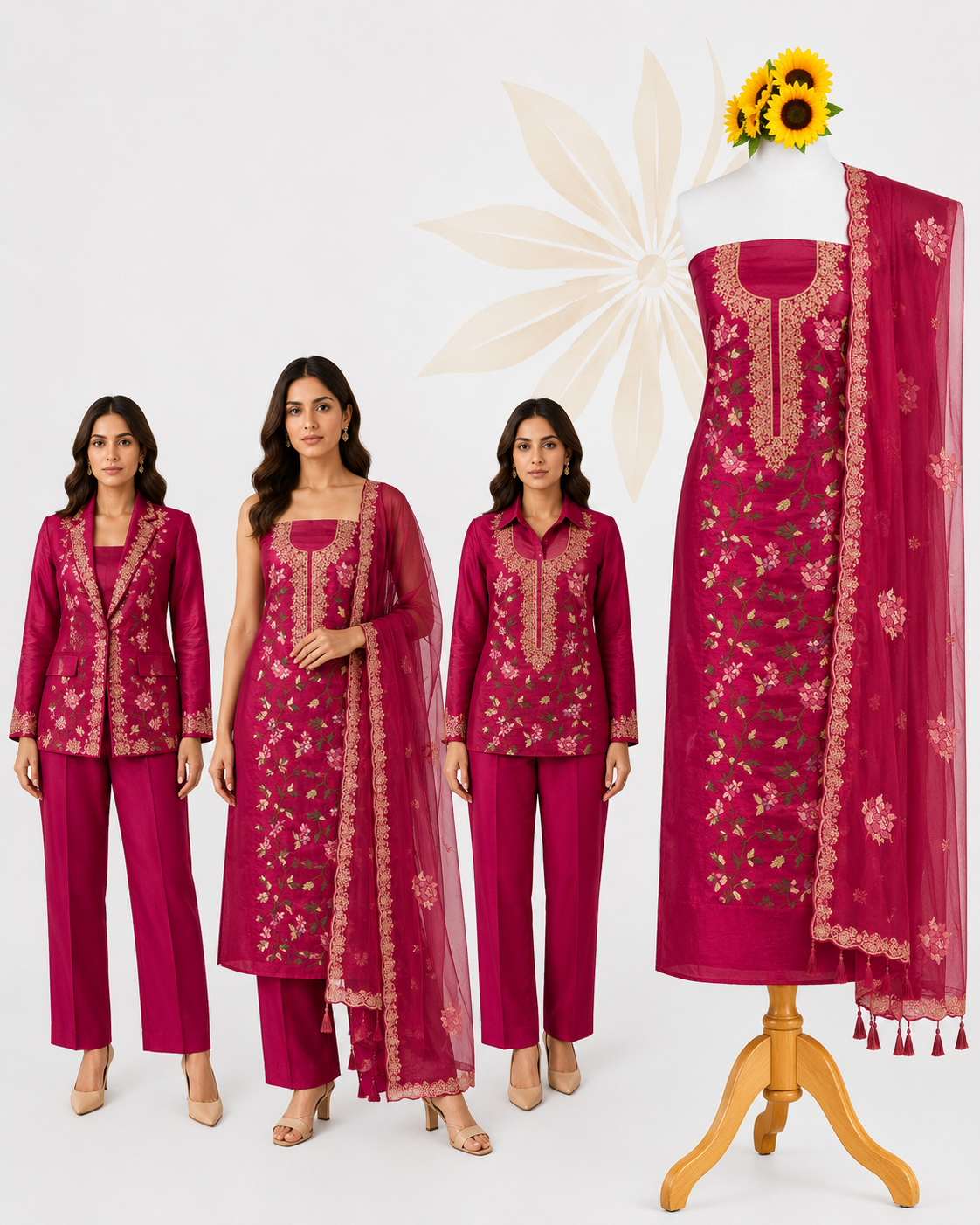 Gulnaar Jaal | Deep Rani Pink 3-Piece Dress Material with Floral Vine Work, Ornate Neckline & Embroidered Border Dupatta