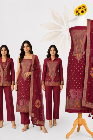 Mehrun Paisley | Deep Maroon 3-Piece Dress Material with Ornamental Paisley Panel, Buti Work & Embellished Dupatta