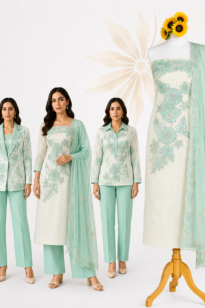 Ivory & Mint Green Floral | Premium 3-Piece Dress Material with Floral Embroidery & Embroidered Net Dupatta
