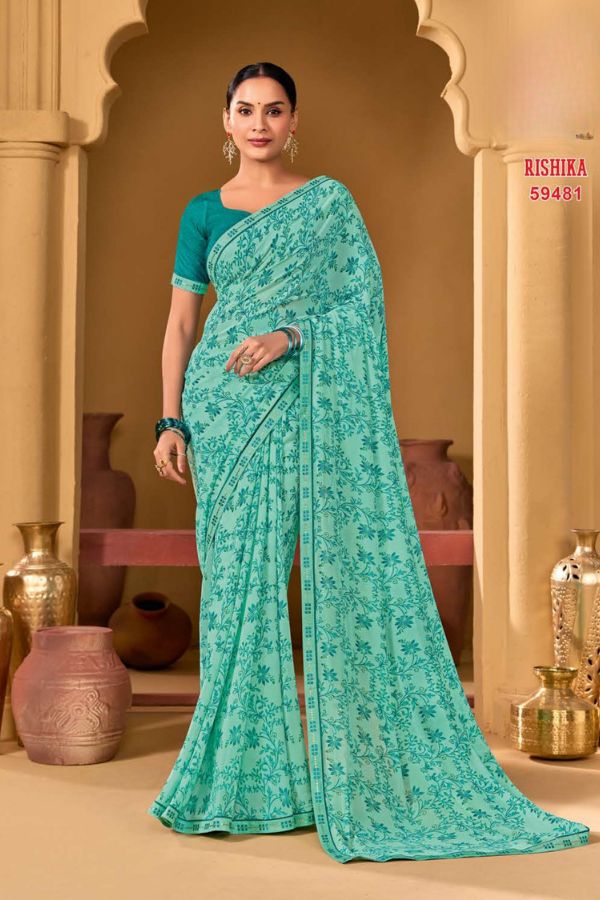 Rishika Blush Pink Georgette Saree with Multicolour Floral Print & Decorative Lace Border - Image 3