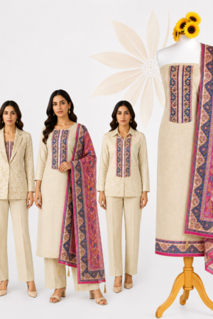 Ivory Beige Ethnic | Premium 3-Piece Dress Material with Ornamental Neck Panel & Multicolour Printed Dupatta
