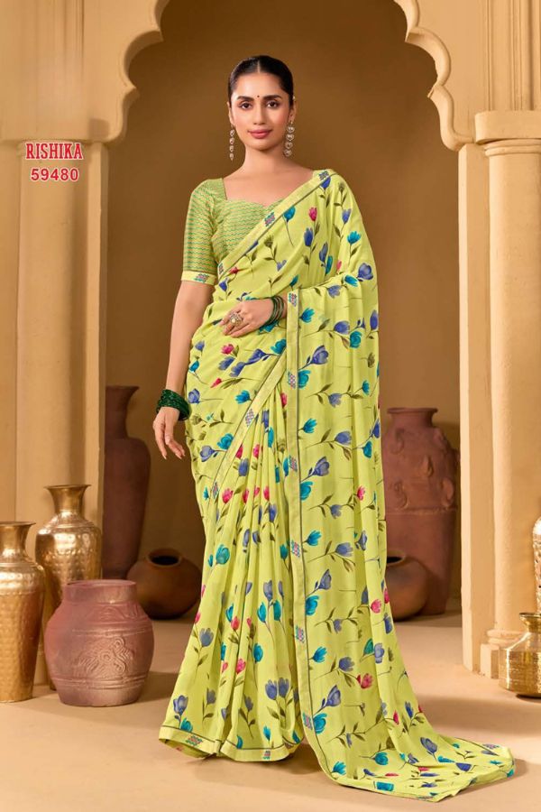 Rishika Blush Pink Georgette Saree with Multicolour Floral Print & Decorative Lace Border - Image 4