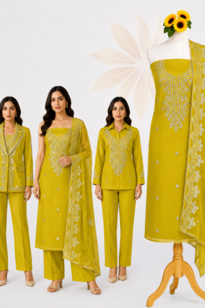 Mehendi Green Ethnic | Premium 3-Piece Dress Material with Ivory Floral Embroidery & Embroidered Dupatta2