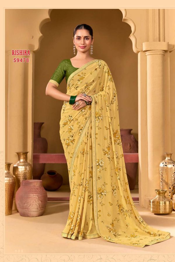 Rishika Blush Pink Georgette Saree with Multicolour Floral Print & Decorative Lace Border - Image 5