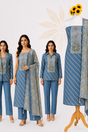 Slate Blue Ethnic | Premium 3-Piece Dress Material with Embellished Peacock Panel & Printed Dupatta
