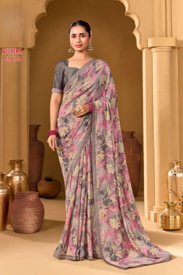 Rishika Blush Pink Georgette Saree with Multicolour Floral Print & Decorative Lace Border - Image 6