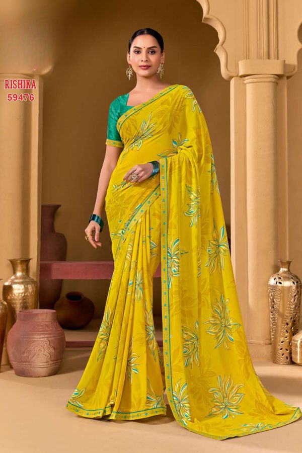 Rishika Blush Pink Georgette Saree with Multicolour Floral Print & Decorative Lace Border - Image 7