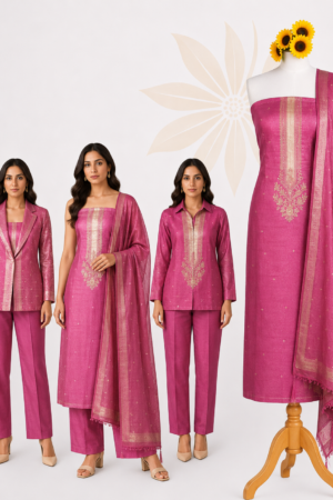Rani Pink Ethnic | Premium 3-Piece Dress Material with Gold Floral Neck Work & Woven Border Dupatta