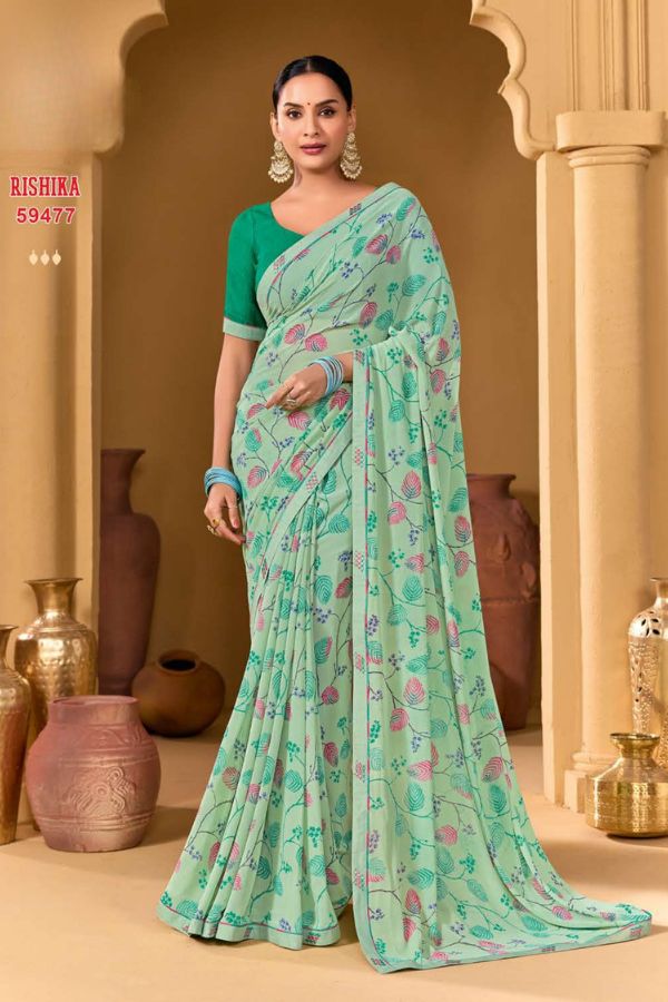 Rishika Blush Pink Georgette Saree with Multicolour Floral Print & Decorative Lace Border - Image 8