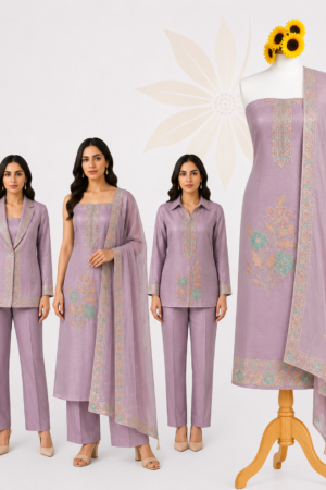 Dusty Lavender Floral | Premium 3-Piece Dress Material with Multicolour Floral Embroidery & Embroidered Border Dupatta