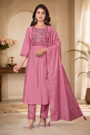 Dusty Rose Pink Roman Silk 3-Piece Kurta Set with Floral Embroidered Yoke, Straight Pants