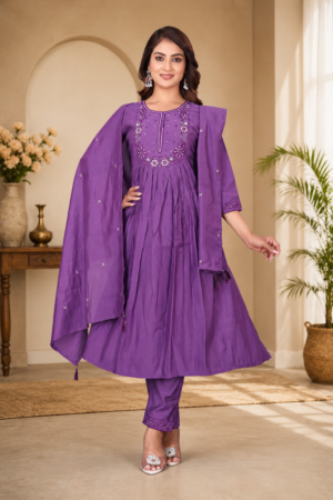 Royal Purple Roman Silk 3-Piece Flared Kurta Set with Floral Embroidered Yoke, Straight Pants