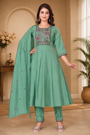 Sea Green Roman Silk 3-Piece Anarkali Kurta Set with Multicolor Floral Embroidery & Dupatta