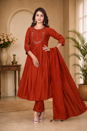 Rust Red Roman Silk 3-Piece Anarkali Kurta Set with Floral Embroidery & Embroidered Dupatta