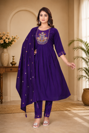 Royal Purple Roman Silk 3-Piece Anarkali Kurta Set with Multicolor Floral Embroidery & Dupatta