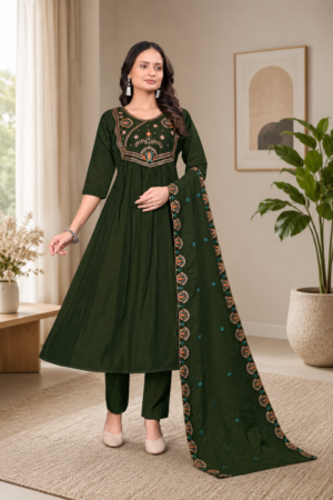 Bottle Green Roman Silk 3-Piece Anarkali Kurta Set with Multicolor Embroidered Yoke & Border Dupatta