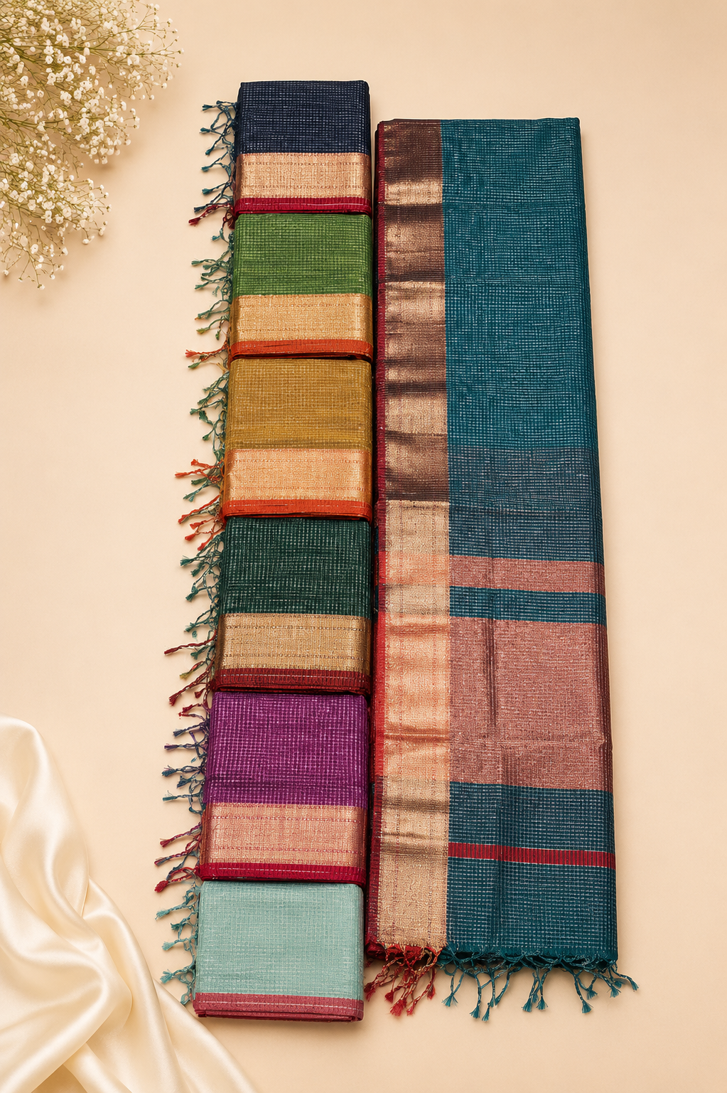 Maheshwari Handloom Royal Blue & Ivory Cotton Silk Saree with Classic Checks & Gold Zari Woven Border - Image 4