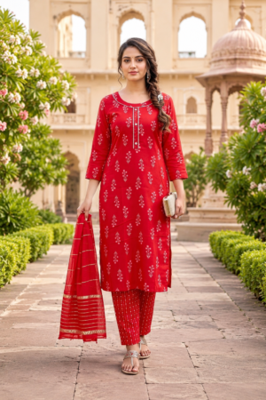Royal Red Capsule 3-Piece Kurta Set with White Floral Buti Print