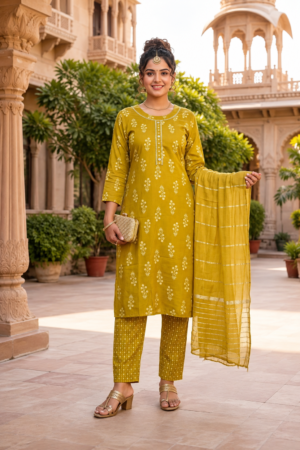 Mustard Olive Capsule 3-Piece Kurta Set with Cream Floral Buti Print