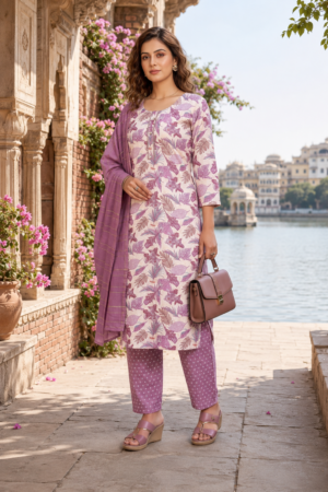Dusty Mauve Capsule 3-Piece Kurta Set with Botanical Floral Print