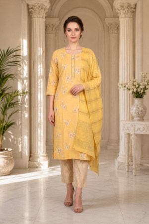 Sunshine Mustard Capsule 3-Piece Kurta Set with Delicate Floral Print