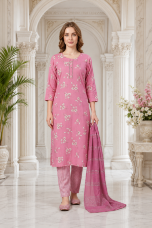 Rose Pink Capsule 3-Piece Kurta Set with Delicate Floral Print