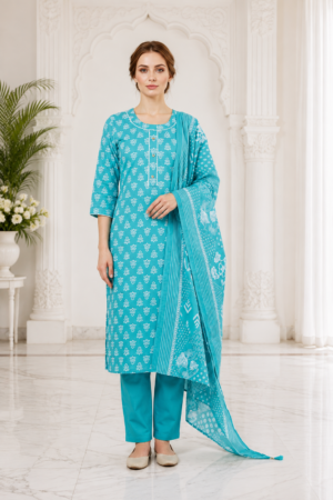 Aqua Turquoise Pure Cotton 3-Piece Kurta Set with White Ethnic Buti Print, Straight Pants & Floral Printed Dupatta