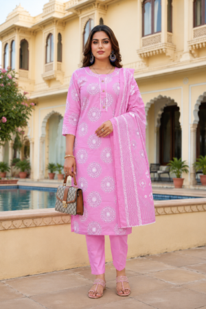 Blush Pink Pure Cotton 3-Piece Kurta Set with White Medallion Print, Straight Pants & Coordinated Printed Dupatta