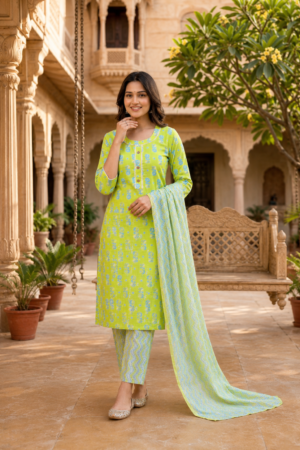 Lime Green Pure Cotton 3-Piece Kurta Set with Blue Floral Buti Print, Chevron Pants & Matching Printed Dupatta